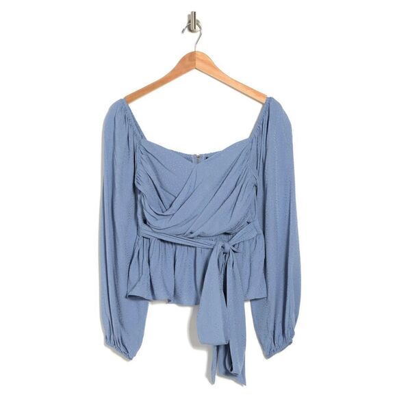 BCBGMaxazria Jacquared Ruched Balloon-Sleve Light Blue Peplum Top - Picture 3 of 6